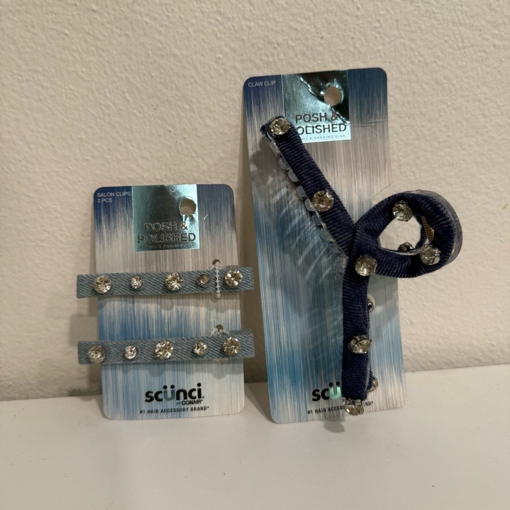Scunci Conair Posh & Polished Blue Denim Rhinestone Hair Clip Bundle
